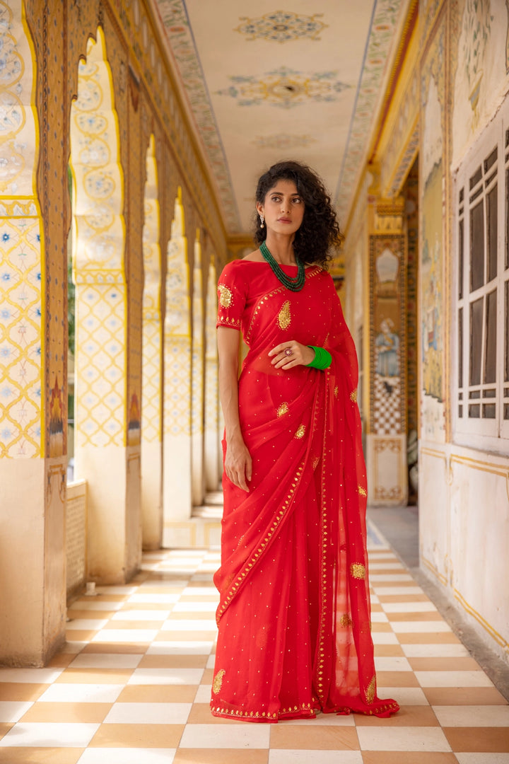 Red Handcrafted Gota Patti Chiffon Saree