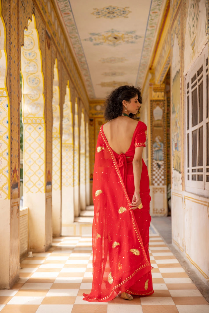 Red Handcrafted Gota Patti Chiffon Saree