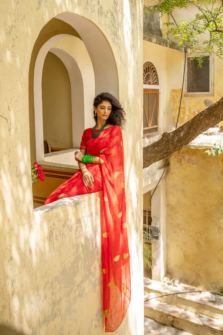 Red Handcrafted Gota Patti Chiffon Saree
