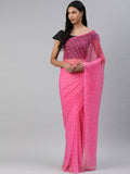Pink Hand Embroidered Chiffon Saree