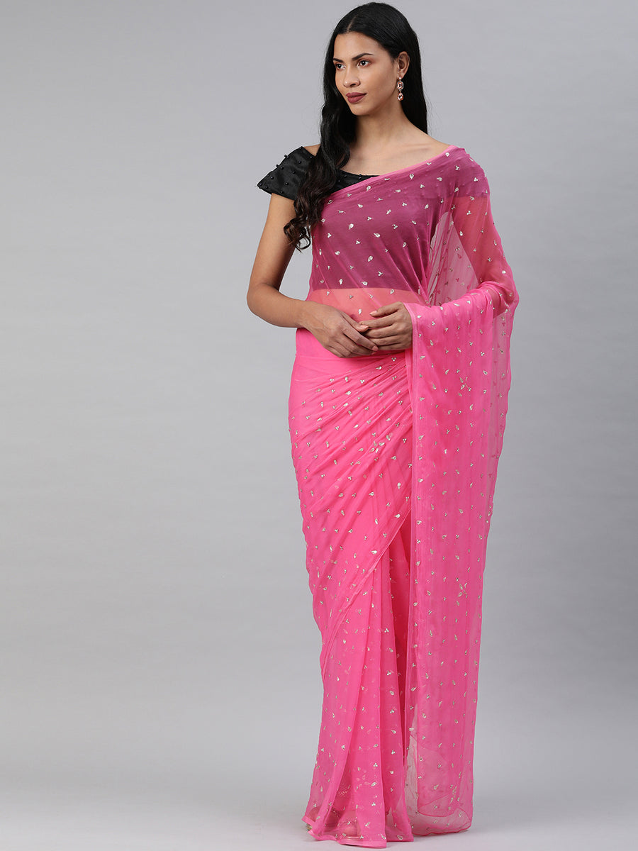 Pink Hand Embroidered Chiffon Saree