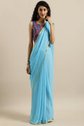 Sky Blue Hand-Dyed Chiffon Saree With Hand Block Printed Blouse