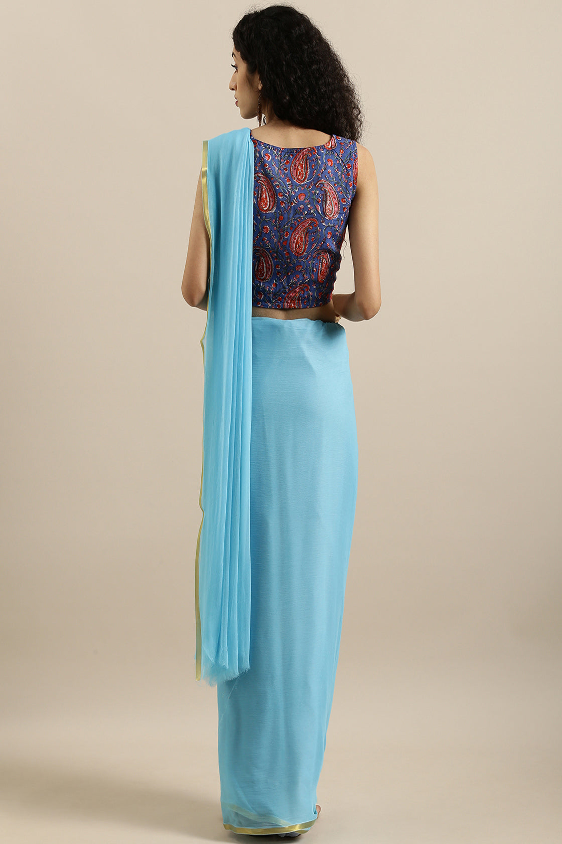 Sky Blue Hand-Dyed Chiffon Saree With Hand Block Printed Blouse