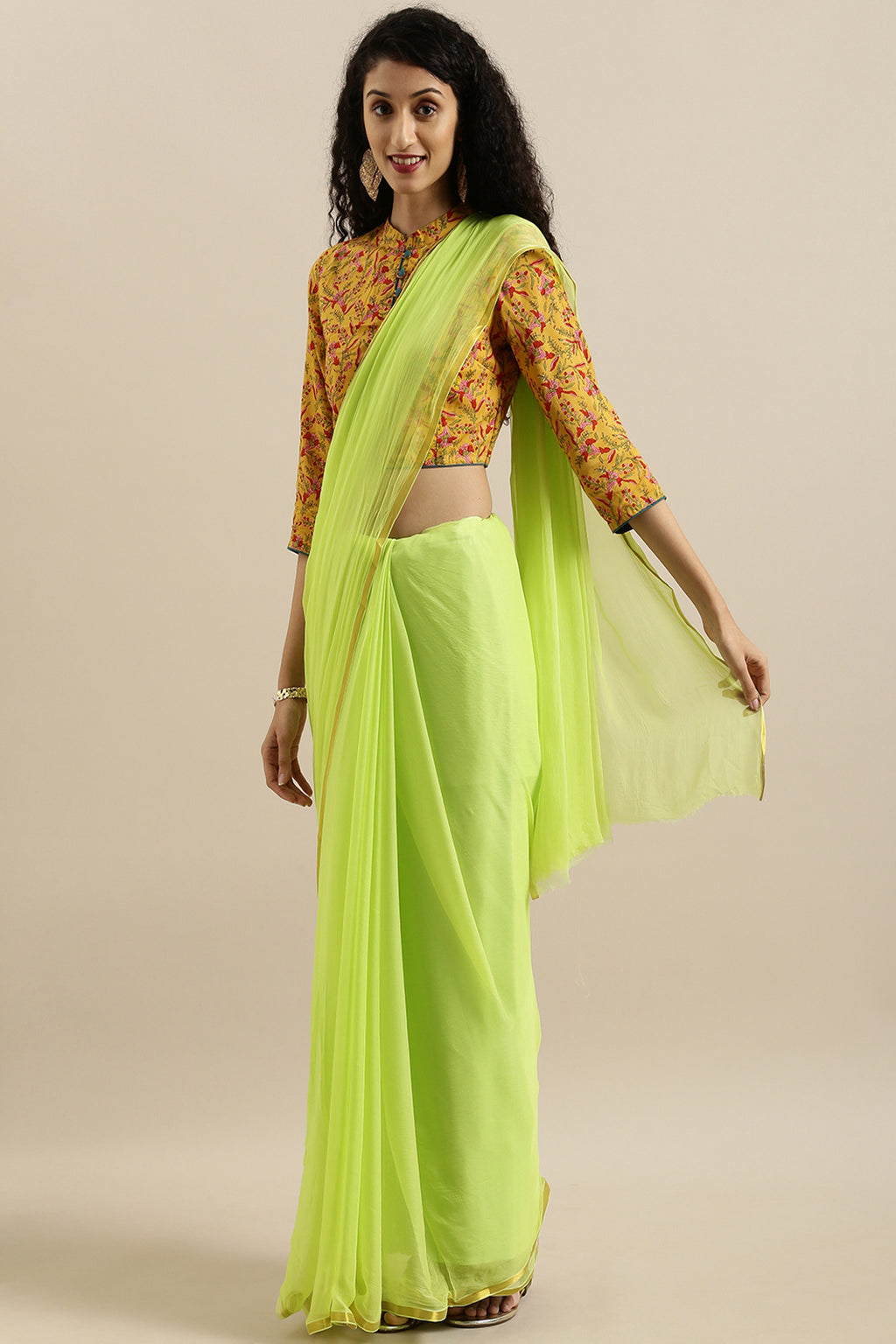 Malavika Mohanan In Lime Green Hand-Dyed Plain Chiffon Saree With Hand Block Printed Blouse