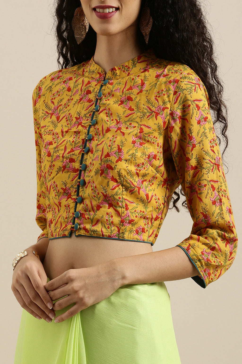Malavika Mohanan In Lime Green Hand-Dyed Plain Chiffon Saree With Hand Block Printed Blouse