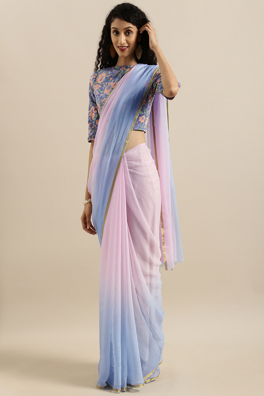 Pink-Blue Shaded Hand-Dyed Chiffon Saree With Hand Block Printed Blouse