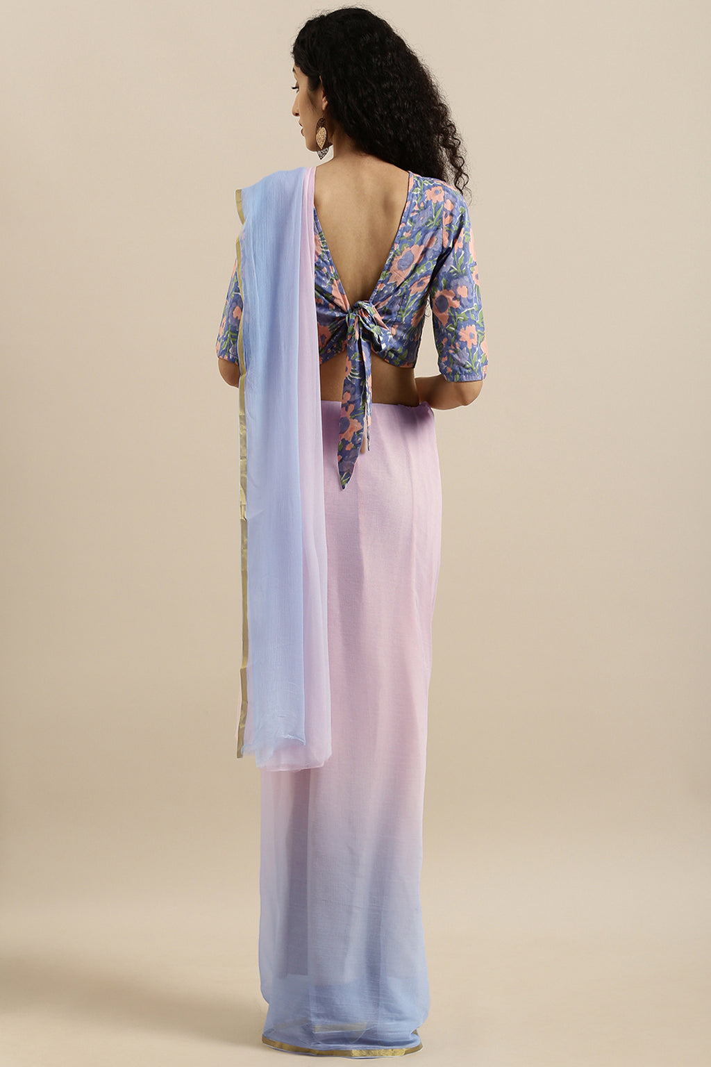 Pink-Blue Shaded Hand-Dyed Chiffon Saree With Hand Block Printed Blouse