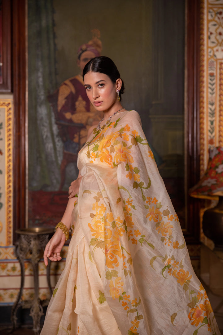 Beige Hand Painted Pure Organza Saree