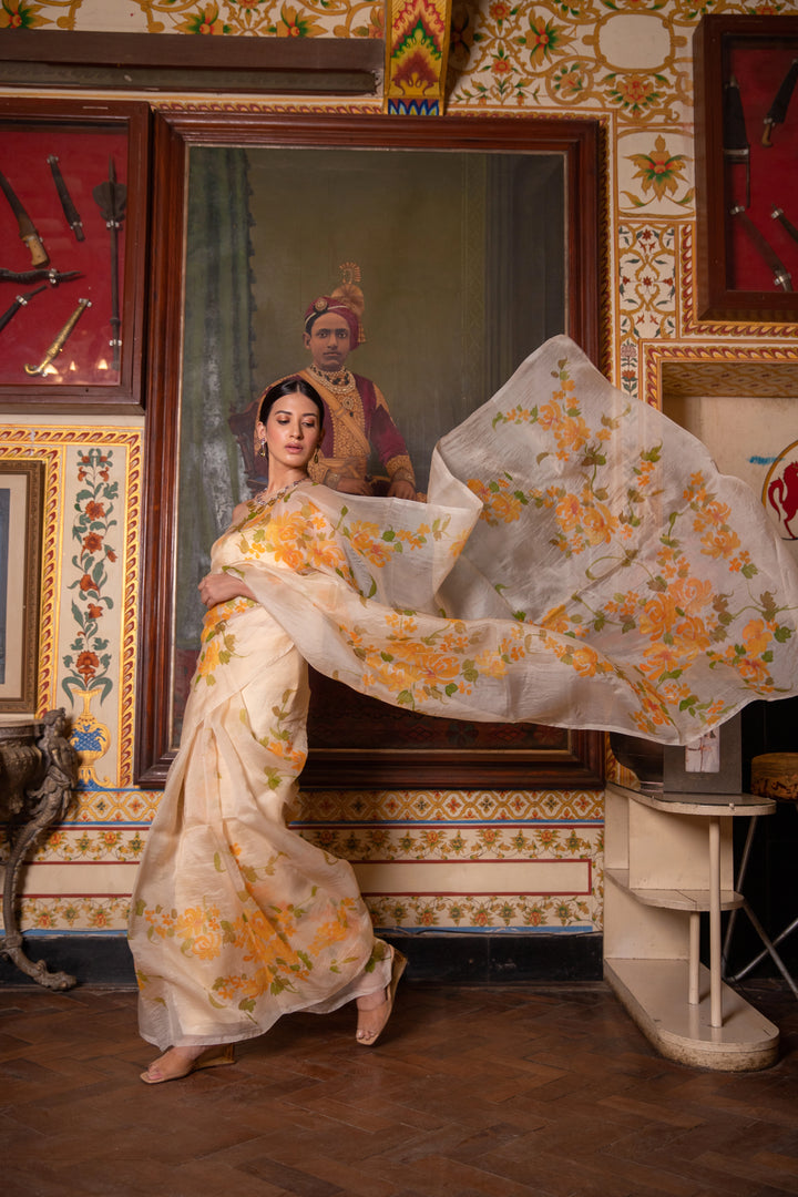 Beige Hand Painted Pure Organza Saree