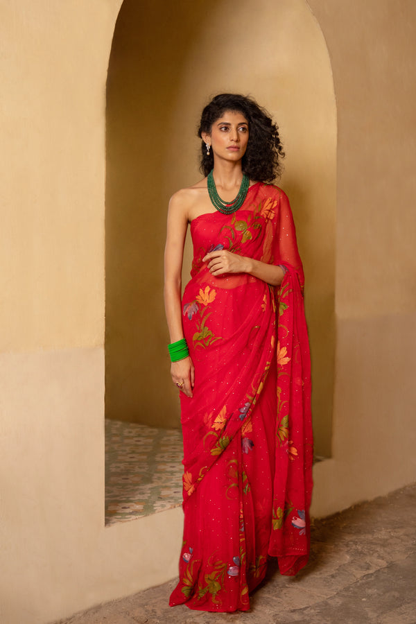 Red Hand Painted Chiffon Saree with Mukaish Work