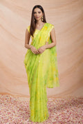 Yellow & Lime Hand Painted Floral Chiffon Saree