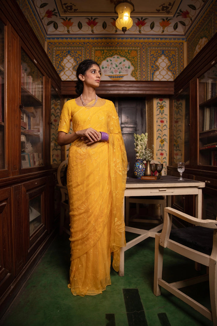 Yellow Handcrafted Sequins Jaal Chiffon Saree