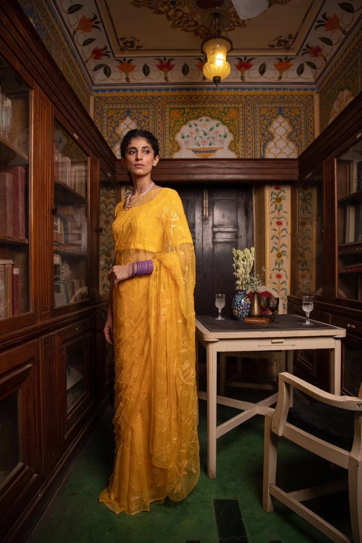 Yellow Handcrafted Sequins Jaal Chiffon Saree