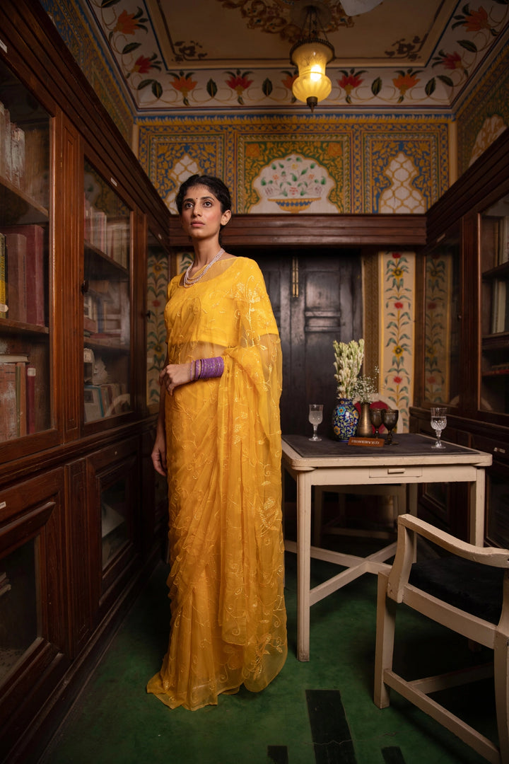 Yellow Handcrafted Sequins Jaal Chiffon Saree