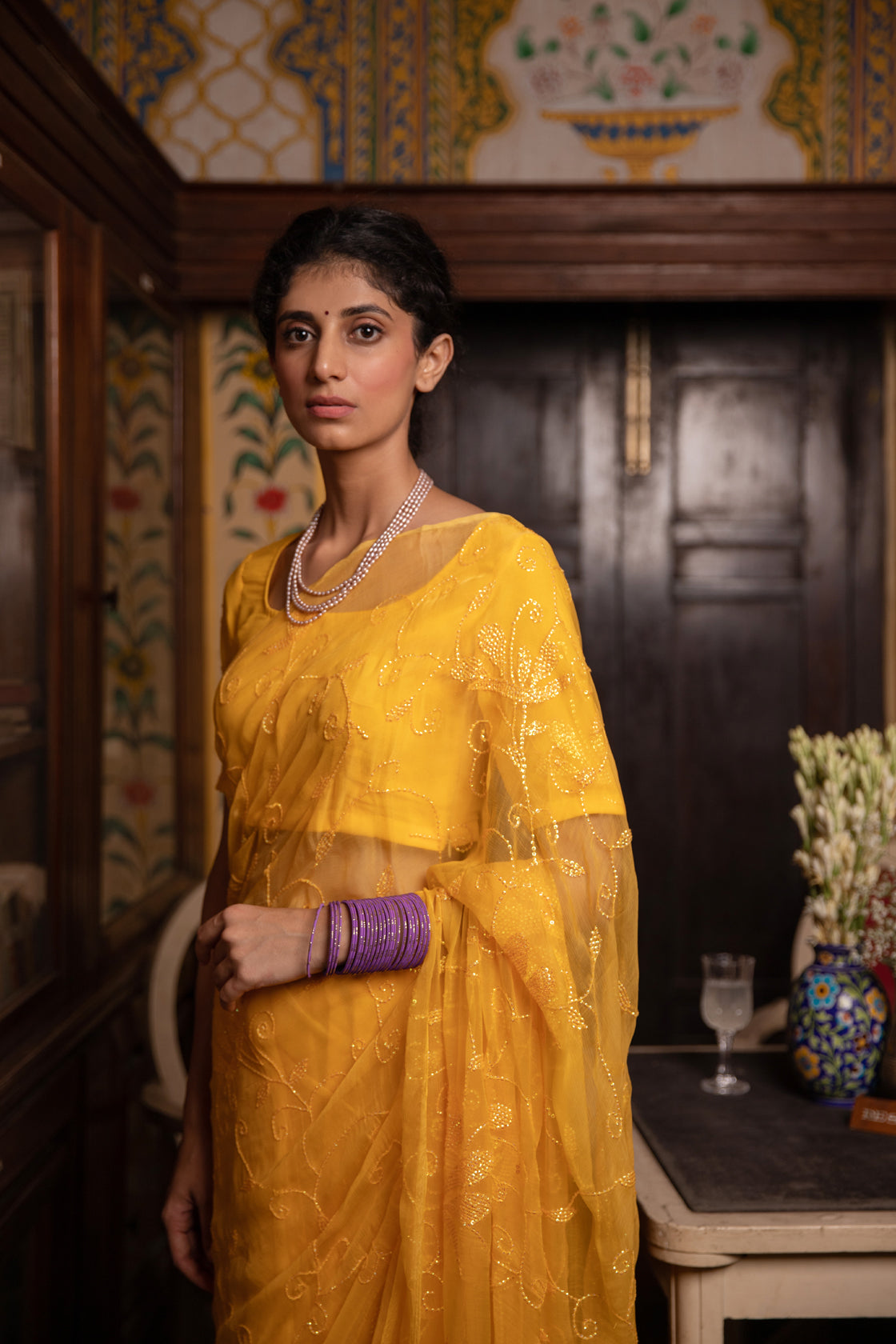 Yellow Handcrafted Sequins Jaal Chiffon Saree