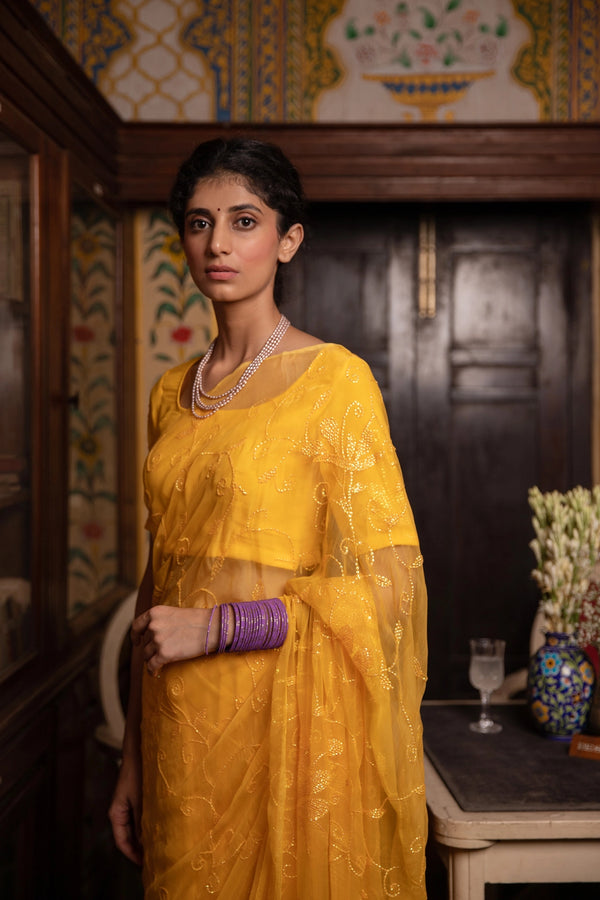 Yellow Handcrafted Sequins Jaal Chiffon Saree
