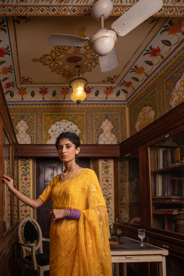 Yellow Handcrafted Sequins Jaal Chiffon Saree