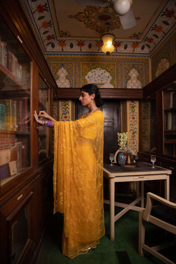 Yellow Handcrafted Sequins Jaal Chiffon Saree