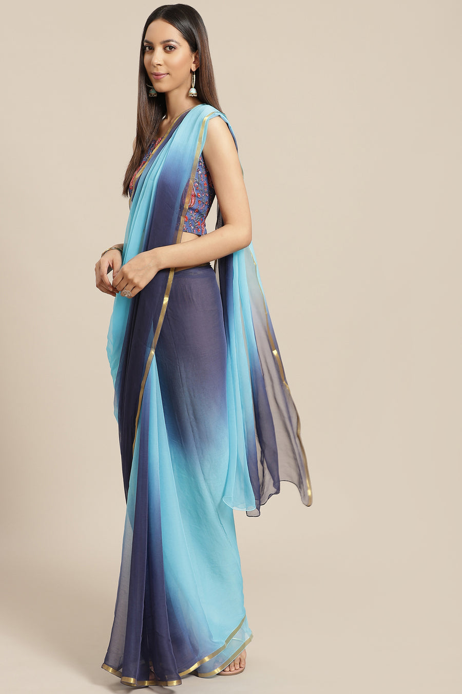 Blue Shaded Hand-Dyed Chiffon Saree With Hand Block Printed Blouse