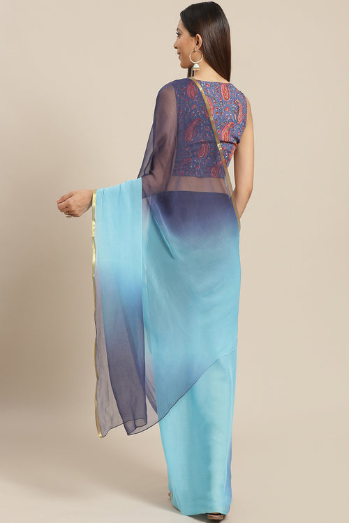 Blue Shaded Hand-Dyed Chiffon Saree With Hand Block Printed Blouse
