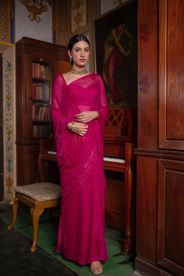 Magenta Pink Hand Embroidered Mukaish net-patch Chiffon Saree