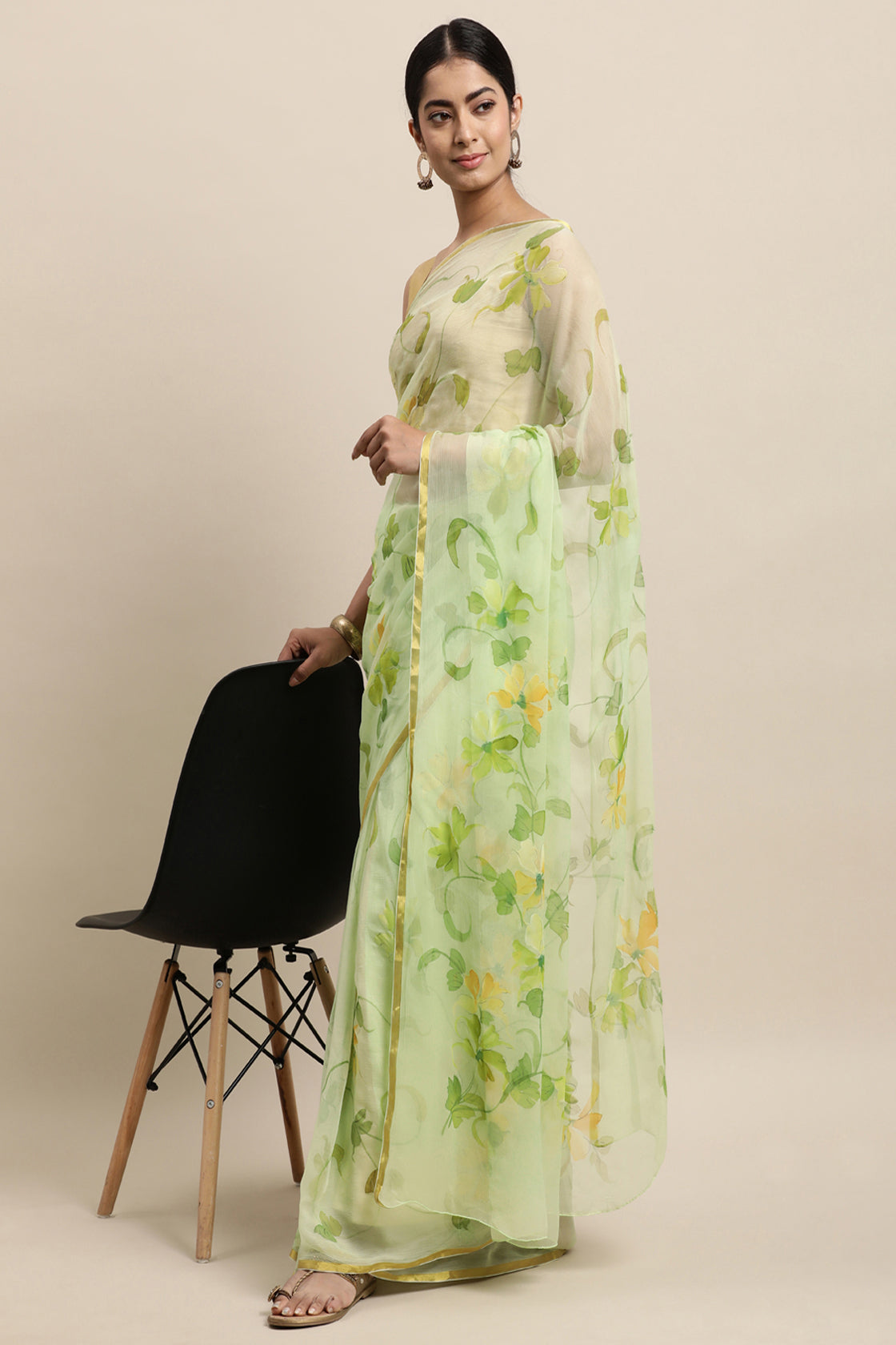 Green Hand Painted Floral Chiffon Saree
