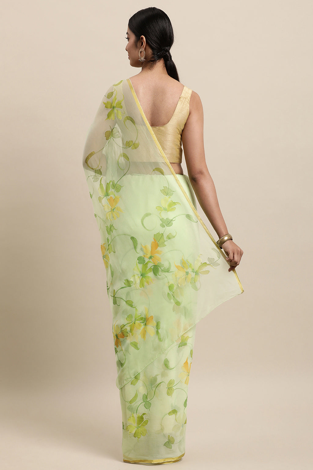Green Hand Painted Floral Chiffon Saree