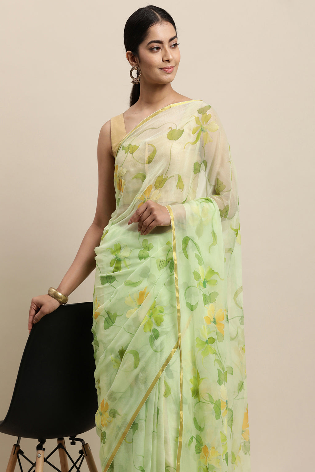Green Hand Painted Floral Chiffon Saree