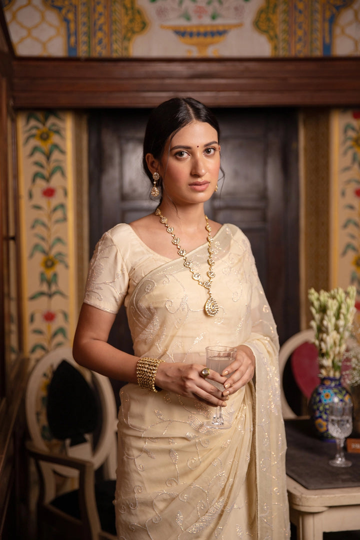 Cream Chiffon Hand Embroidered Sequins Jaal Saree