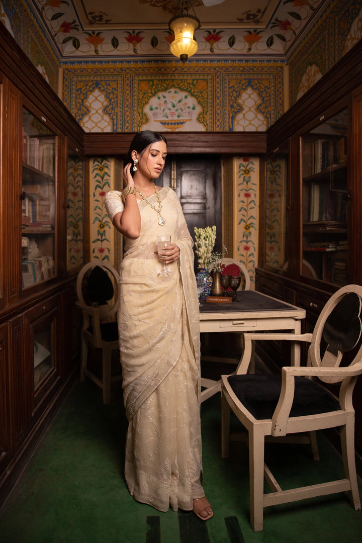 Cream Chiffon Hand Embroidered Sequins Jaal Saree