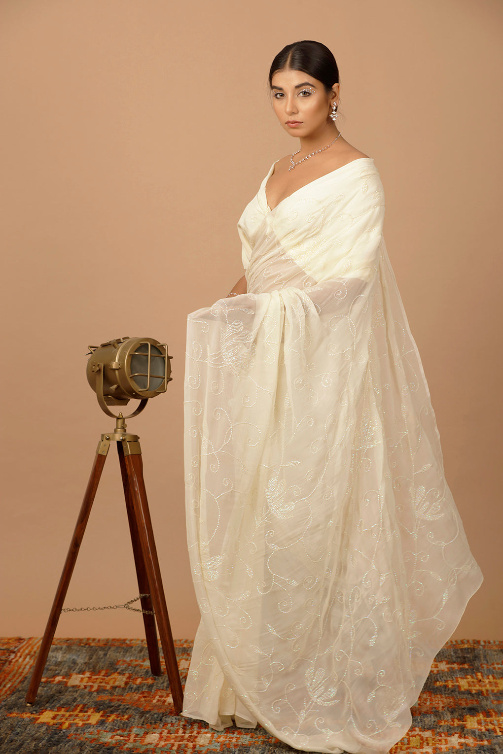 Cream Chiffon Hand Embroidered Sequins Jaal Saree