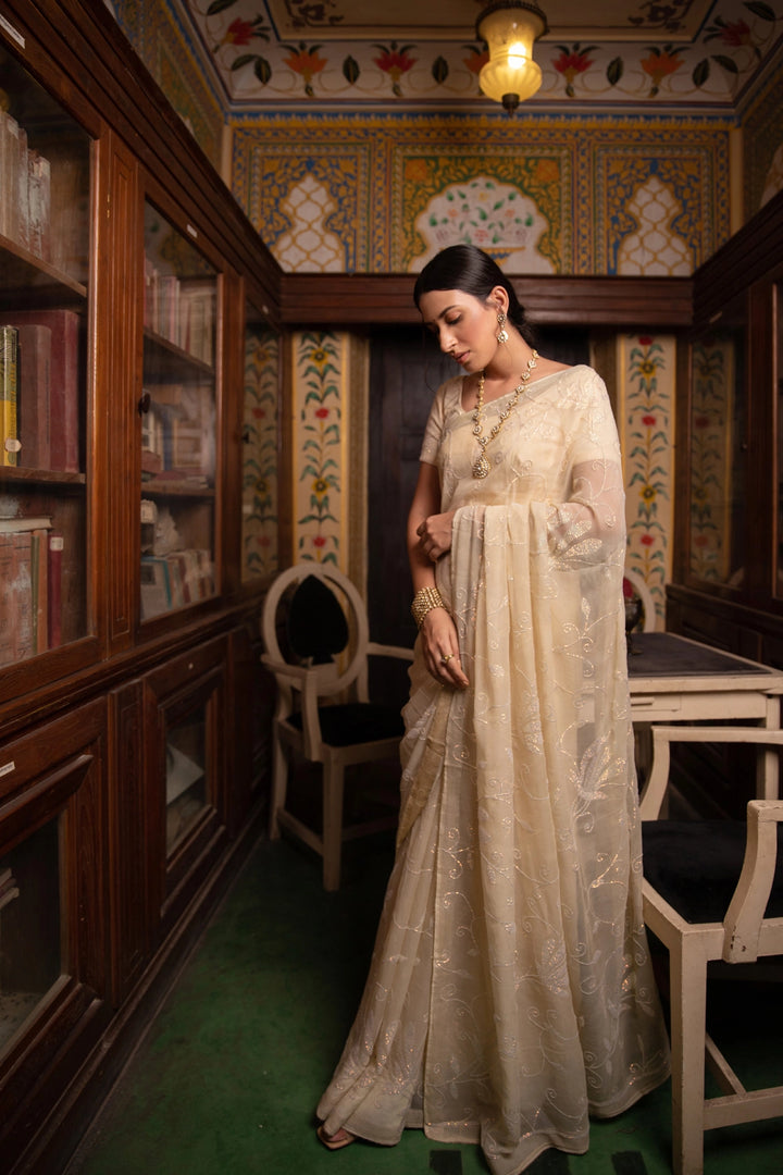 Cream Chiffon Hand Embroidered Sequins Jaal Saree