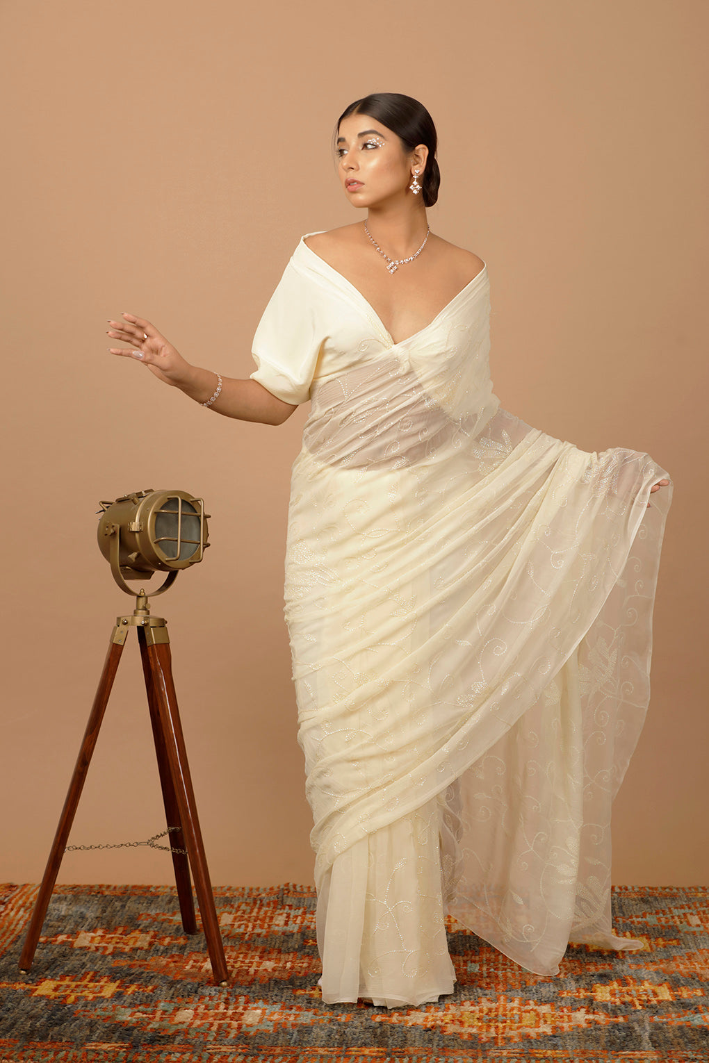 Cream Chiffon Hand Embroidered Sequins Jaal Saree