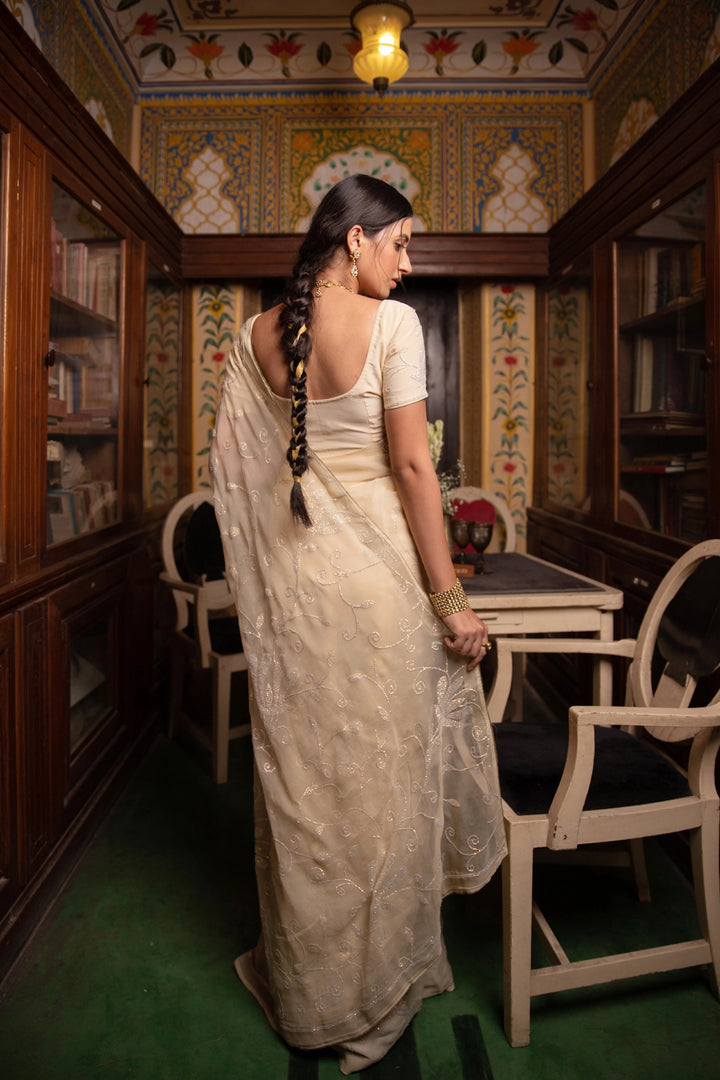 Cream Chiffon Hand Embroidered Sequins Jaal Saree