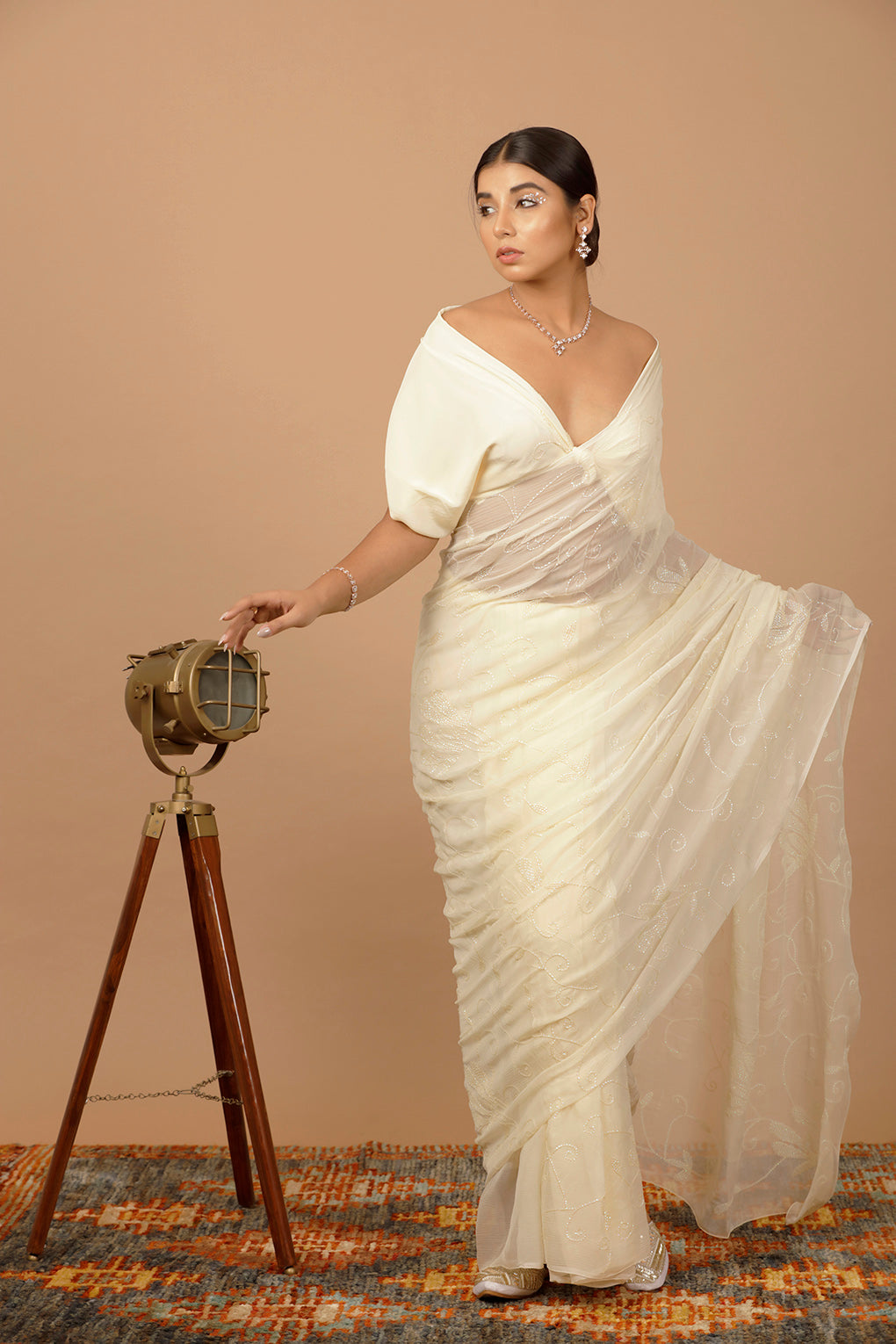 Cream Chiffon Hand Embroidered Sequins Jaal Saree