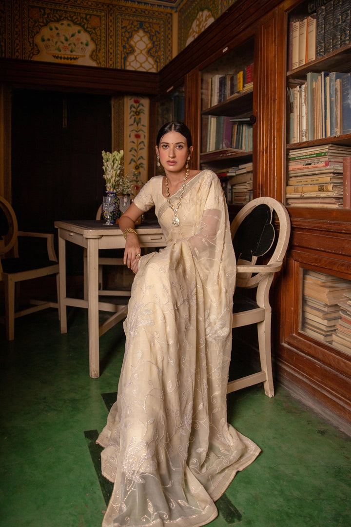 Cream Chiffon Hand Embroidered Sequins Jaal Saree