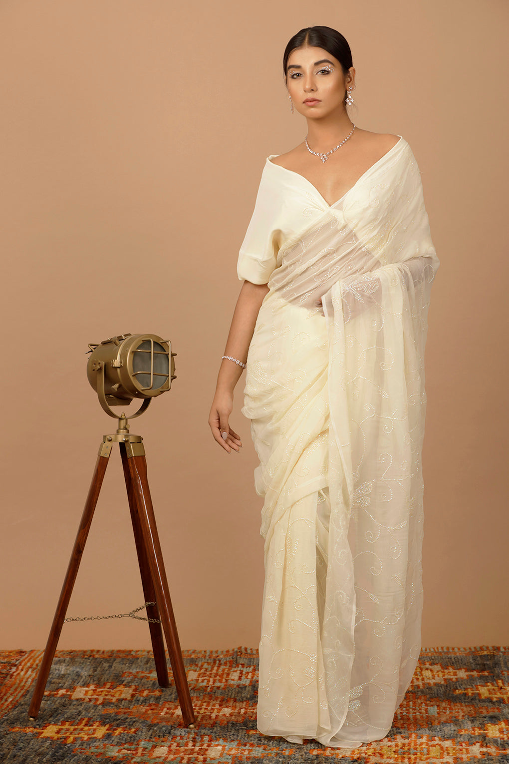 Cream Chiffon Hand Embroidered Sequins Jaal Saree