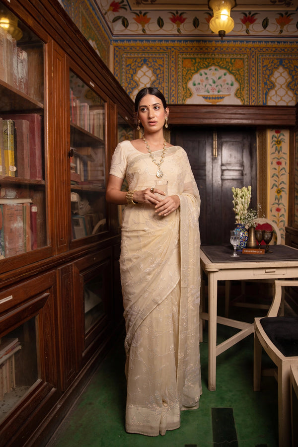 Cream Chiffon Hand Embroidered Sequins Jaal Saree