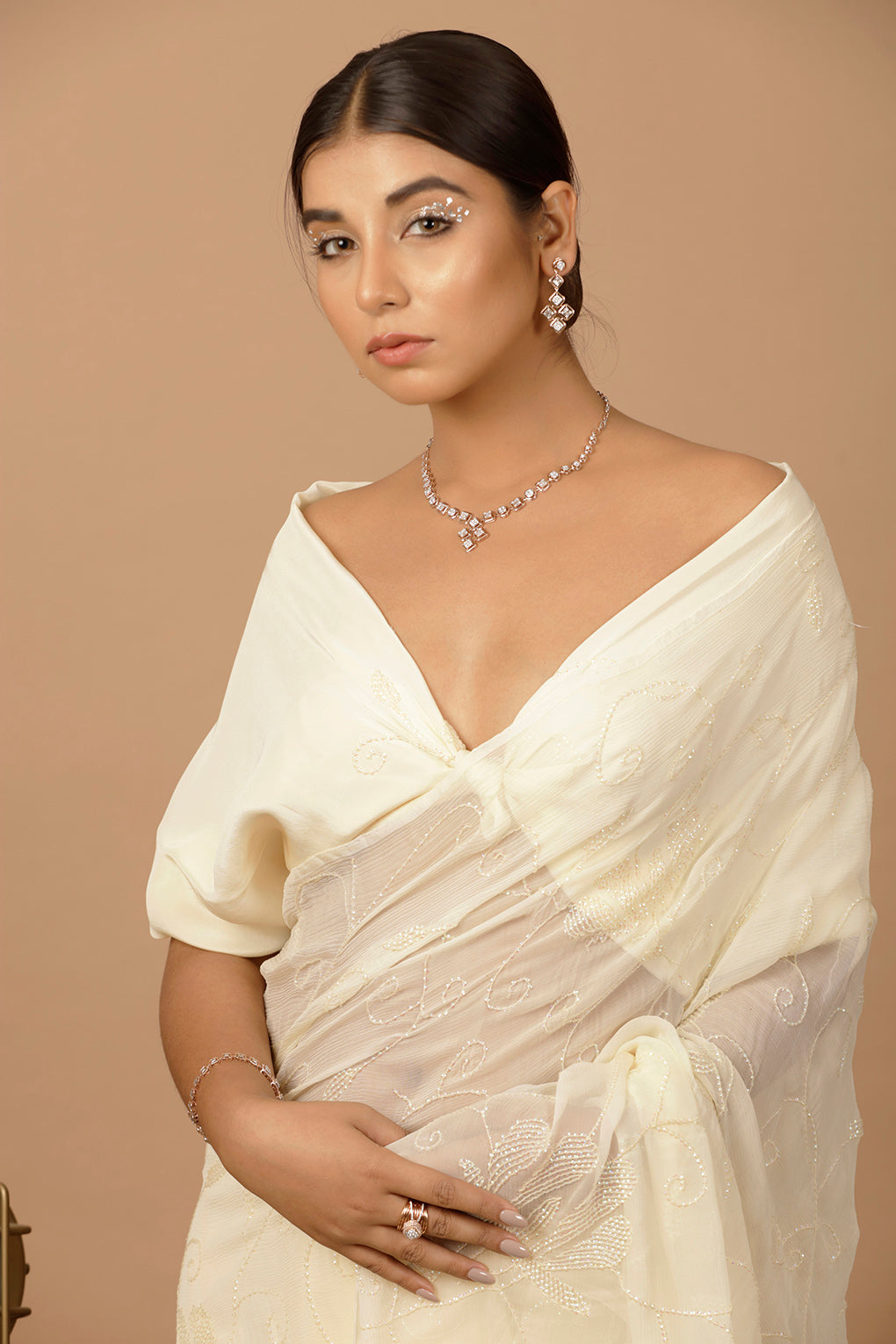 Cream Chiffon Hand Embroidered Sequins Jaal Saree