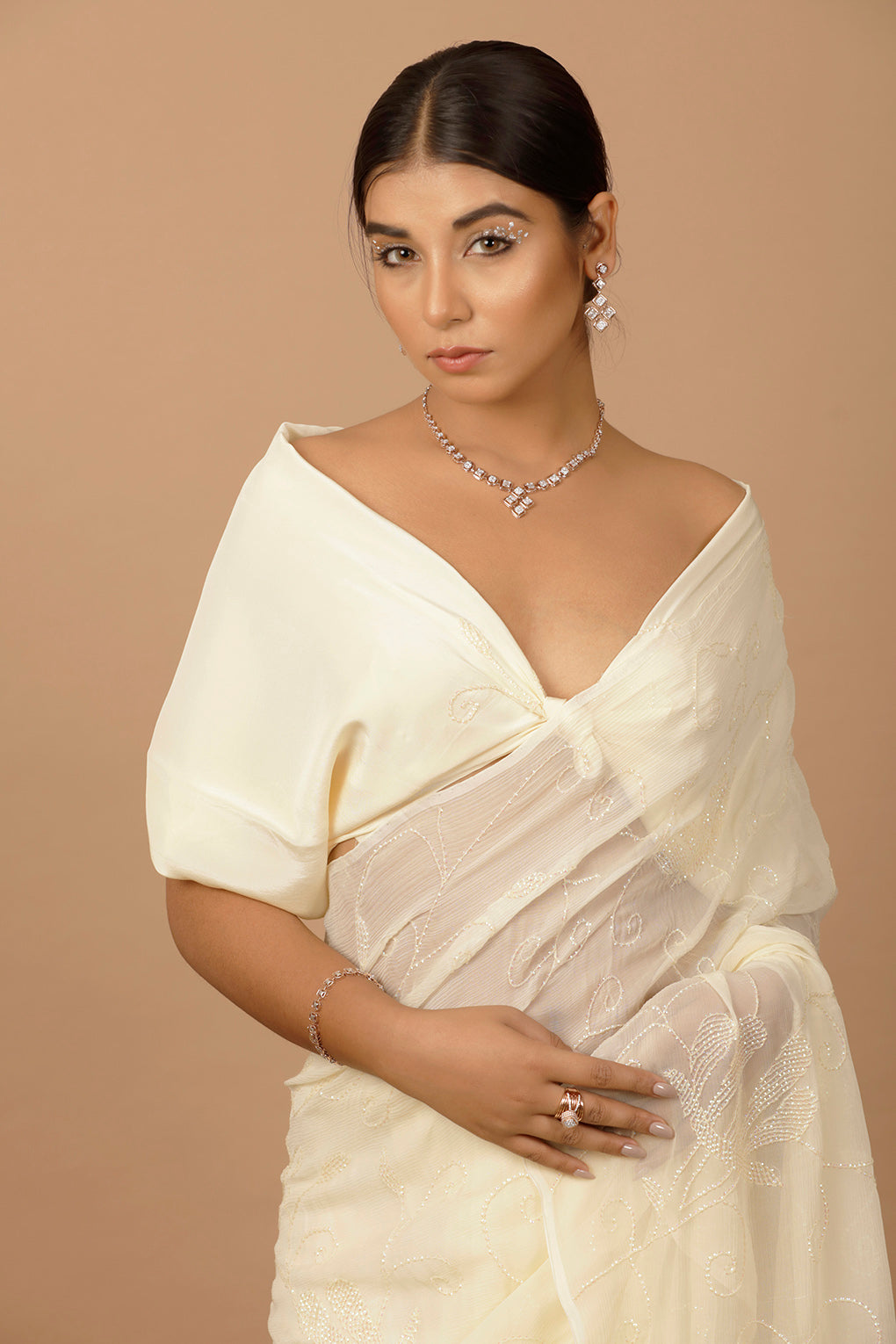 Cream Chiffon Hand Embroidered Sequins Jaal Saree