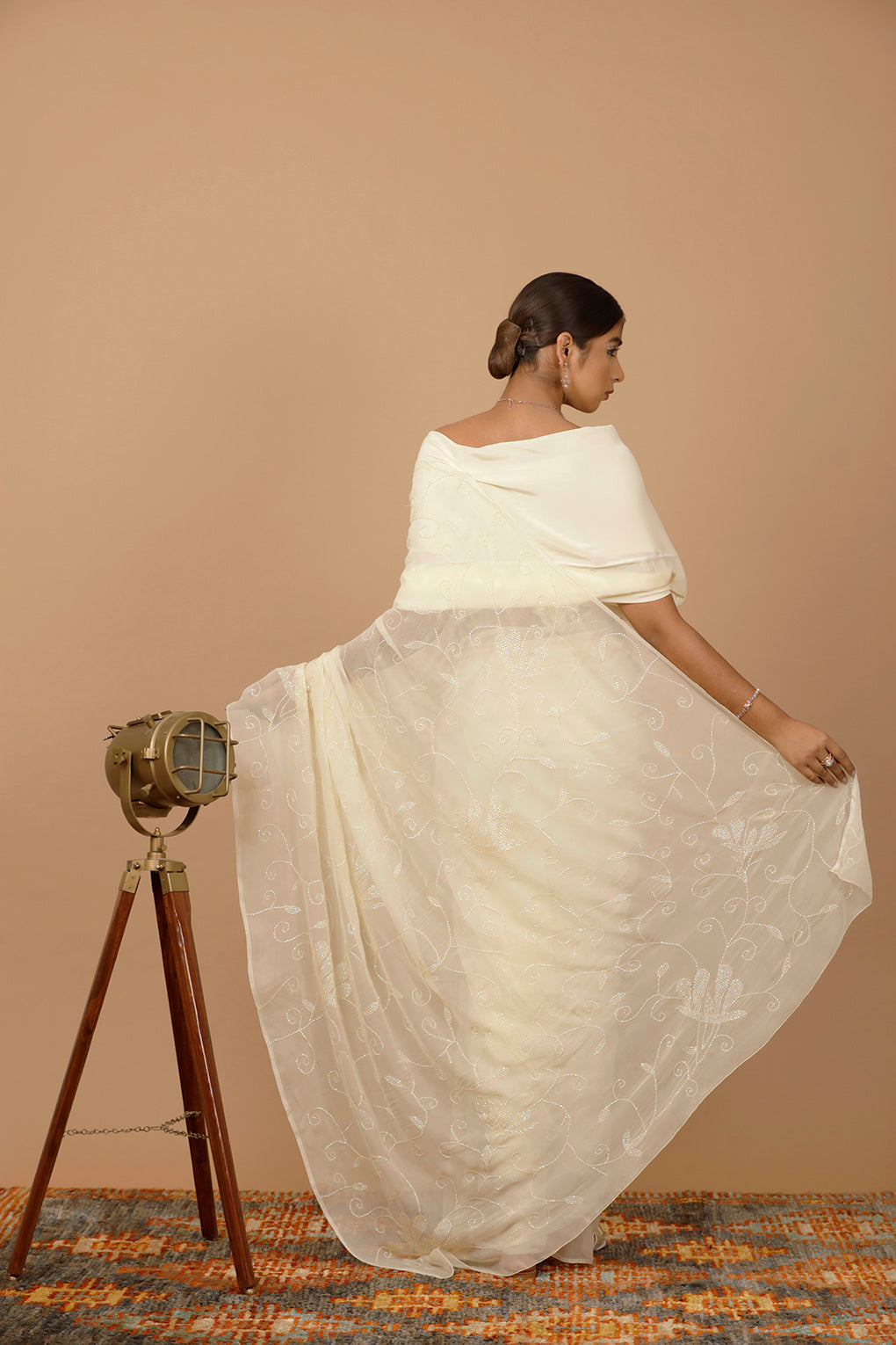 Cream Chiffon Hand Embroidered Sequins Jaal Saree