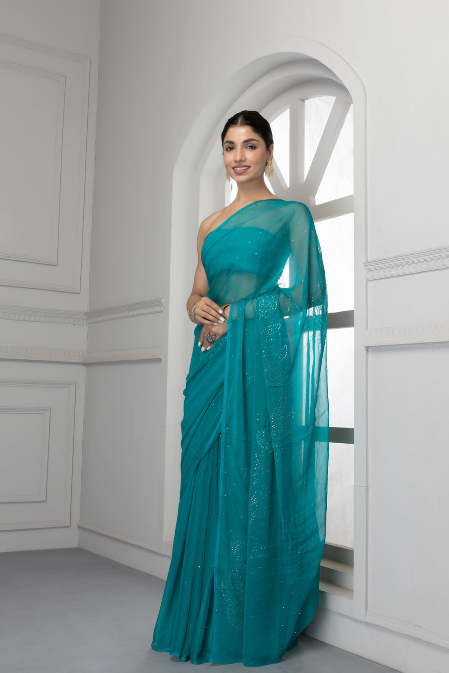 Forest Green Hand Embroidered Mukaish Net-Patch Chiffon Saree