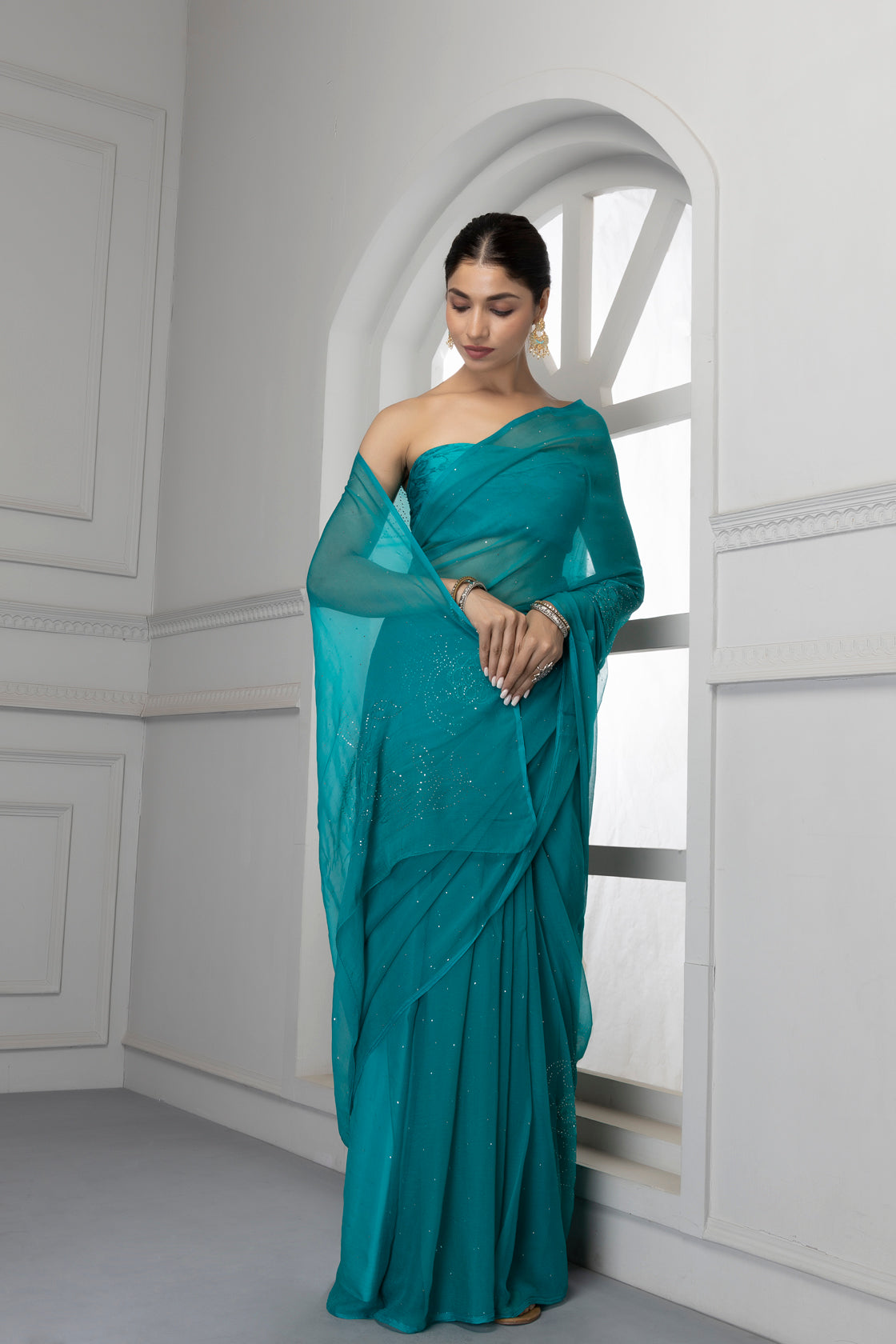 Forest Green Hand Embroidered Mukaish Net-Patch Chiffon Saree