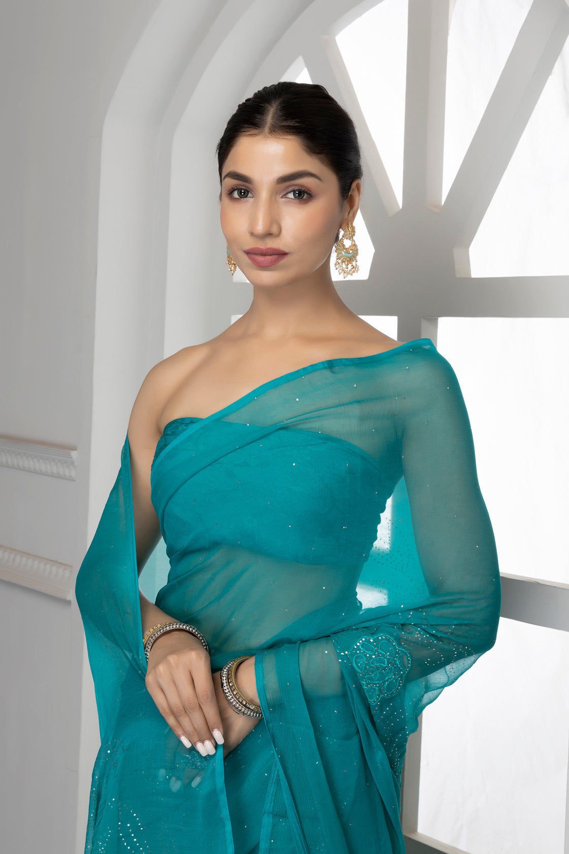 Forest Green Hand Embroidered Mukaish Net-Patch Chiffon Saree