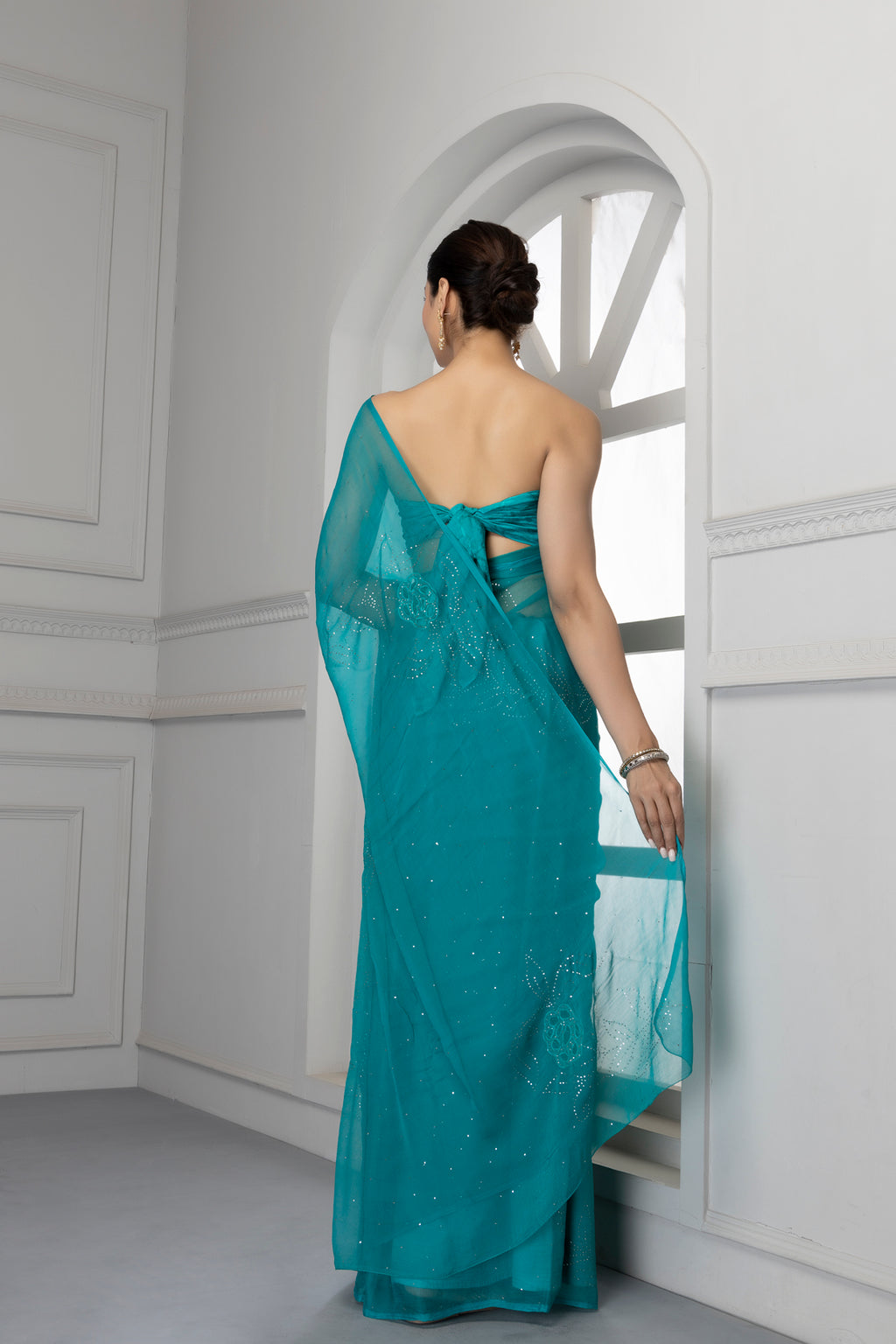 Forest Green Hand Embroidered Mukaish Net-Patch Chiffon Saree