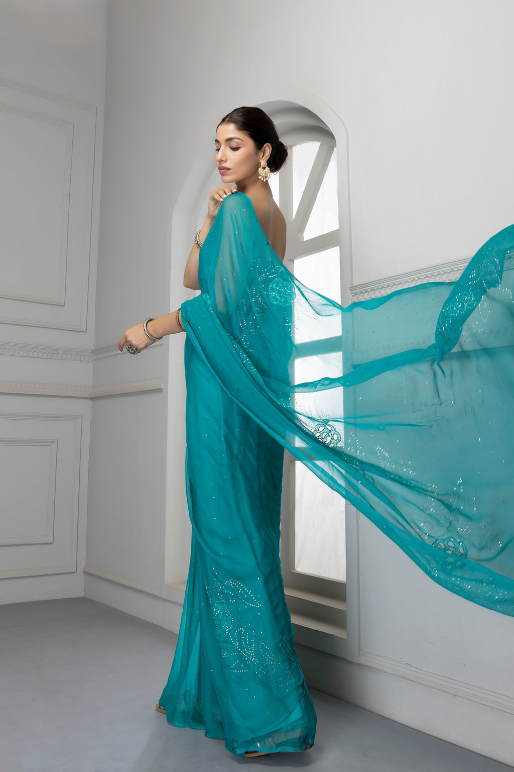 Forest Green Hand Embroidered Mukaish Net-Patch Chiffon Saree