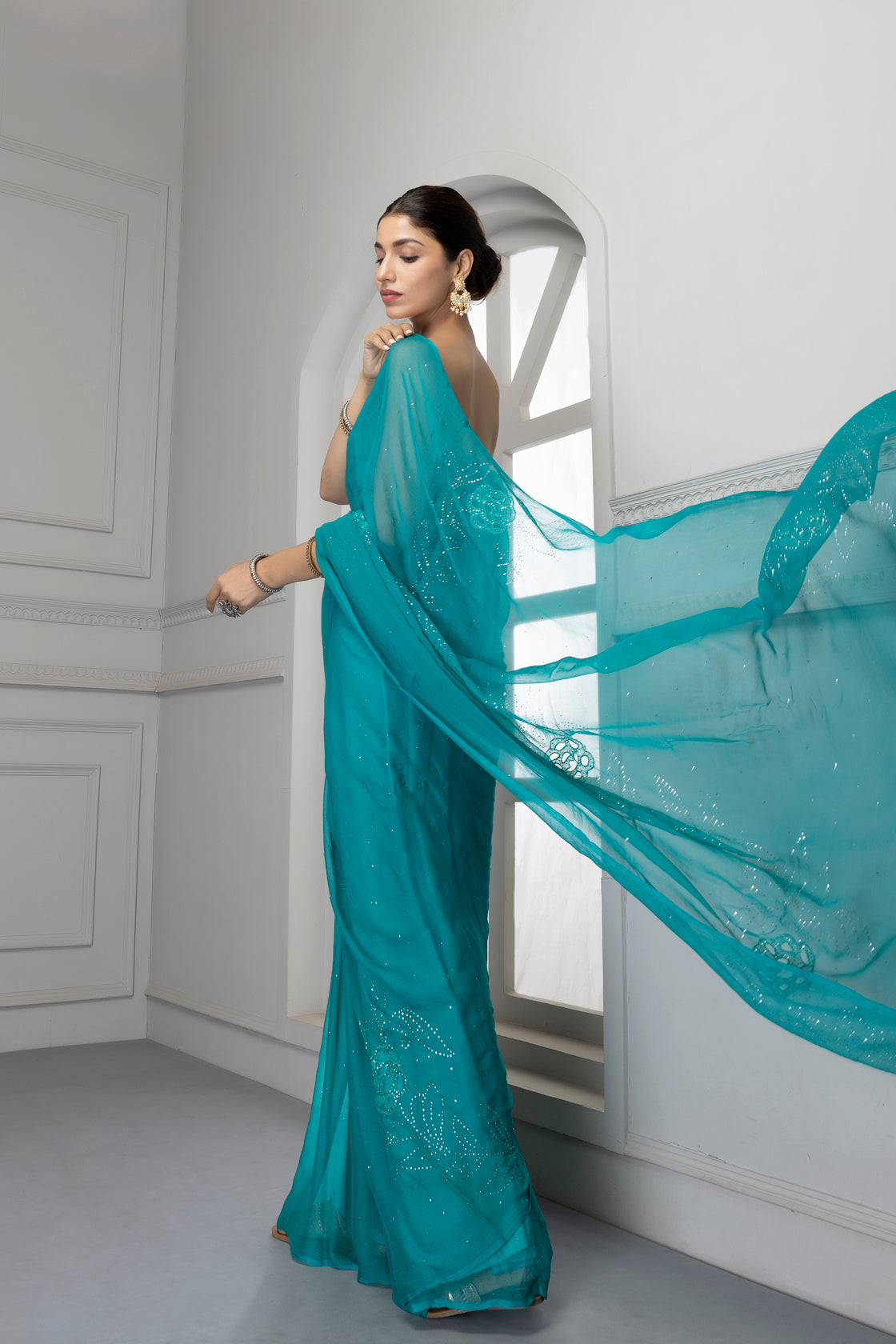 Forest Green Hand Embroidered Mukaish Net-Patch Chiffon Saree