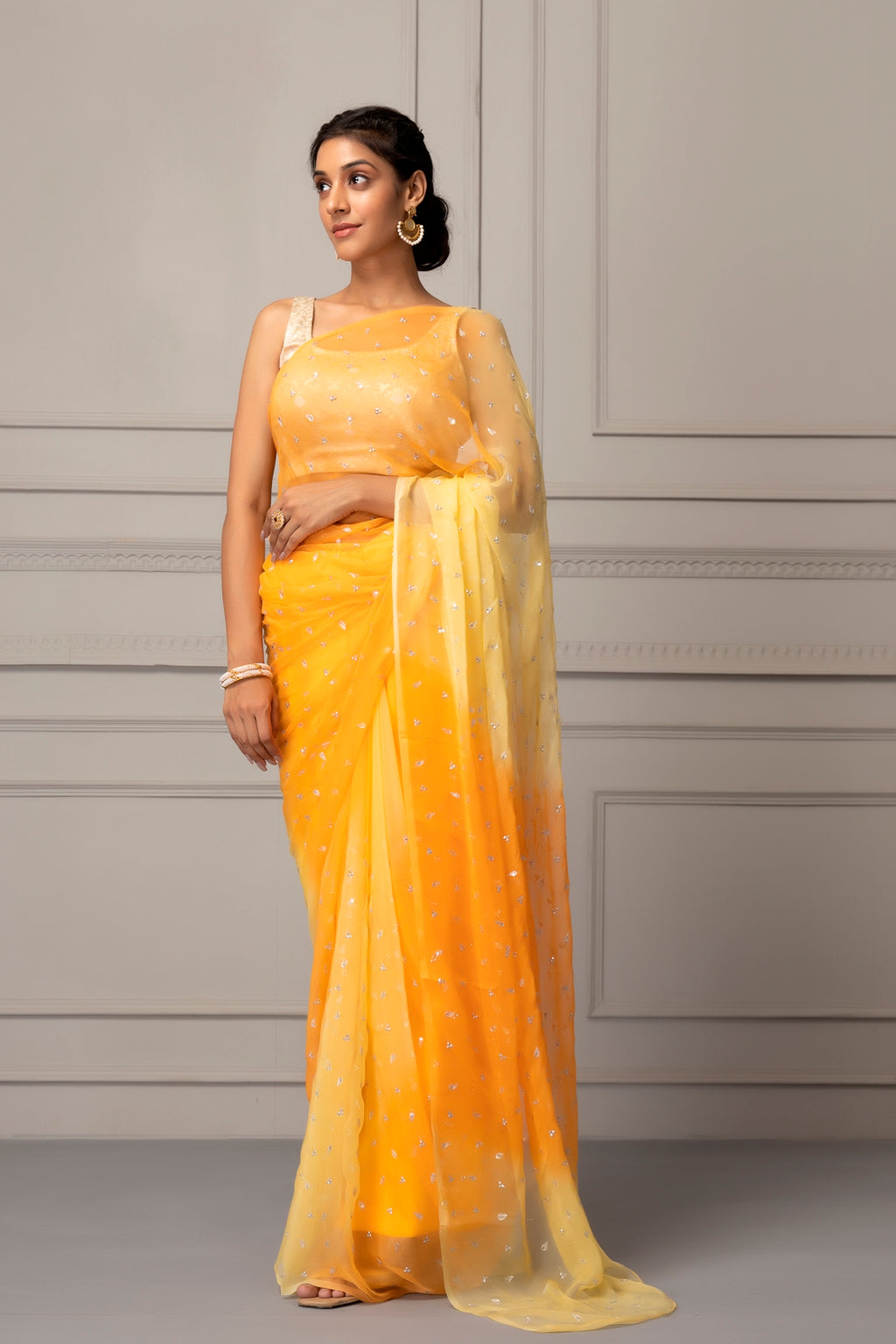 Yellow Shaded Hand Embroidered Chiffon Saree