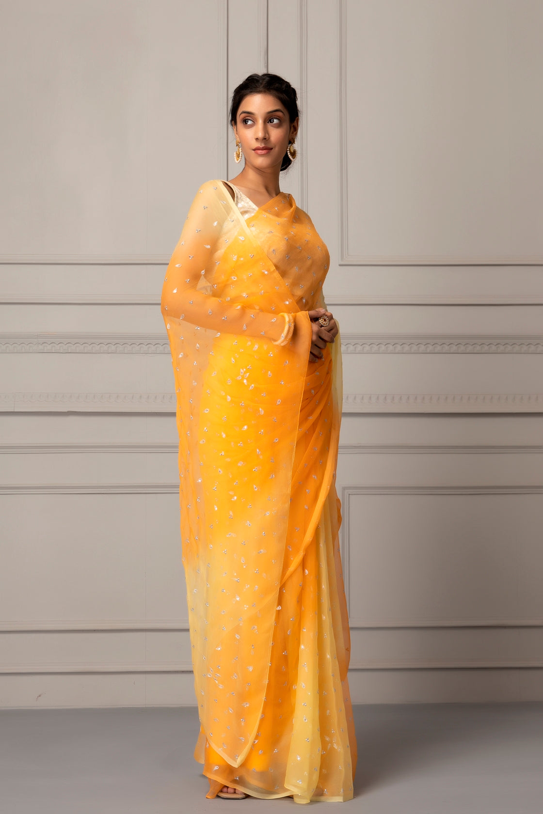 Yellow Shaded Hand Embroidered Chiffon Saree