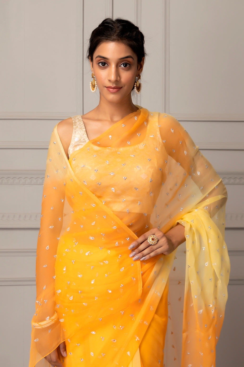 Yellow Shaded Hand Embroidered Chiffon Saree